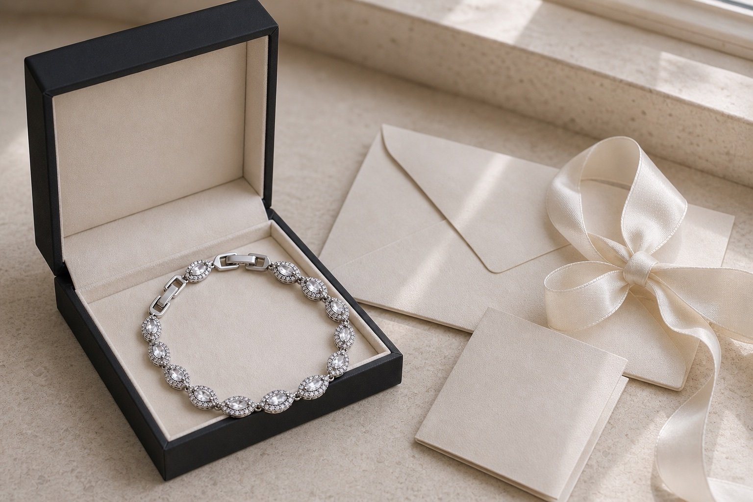Platinum Marquise Bracelet in a black gift box beside an ivory envelope, ribbon and care booklet